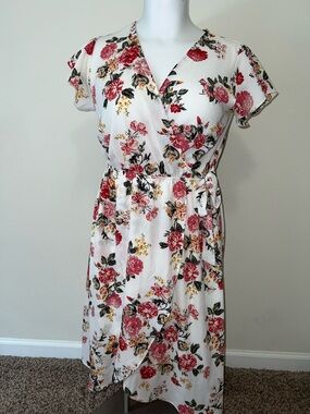 Scobe Floral Wrap Midi Dress in White and Pink